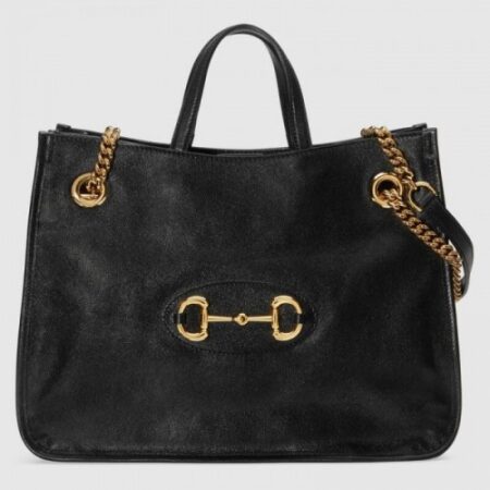 Replica Gucci 1955 Horsebit medium tote bag in Black shiny leather