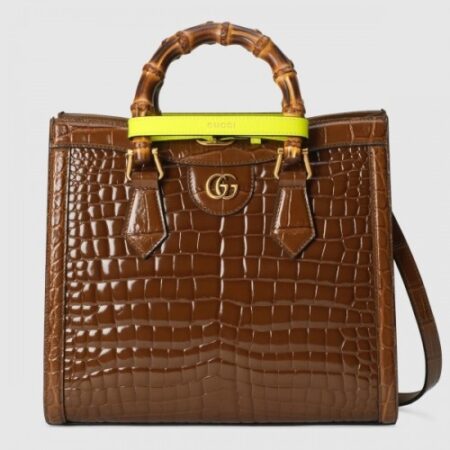 Replica Replica Gucci Diana Small Tote Bag In Brown Croc-embossed Leather