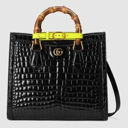 Replica Replica Gucci Diana Small Tote Bag In Black Croc-embossed Leather