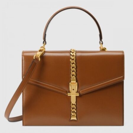 Replica Gucci Sylvie 1969 Calfskin Small Top Handle Brown Bag