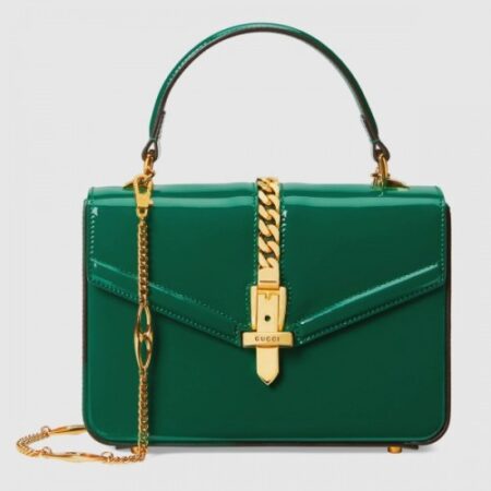 Replica Gucci Sylvie 1969 Patent Mini Top Handle Green Bag