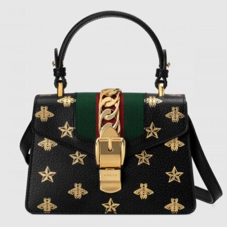 Replica Gucci Black Sylvie Bee Star Mini Leather Bag