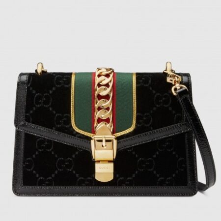 Replica Gucci Black Sylvie GG Velvet Small Shoulder Bag