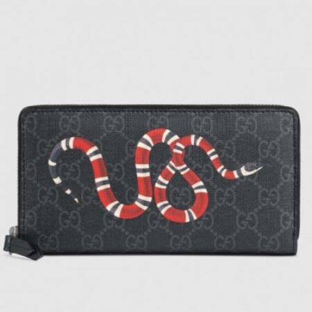 Replica Gucci Zip Around Wallet In Black Kingsnake Print GG Supreme