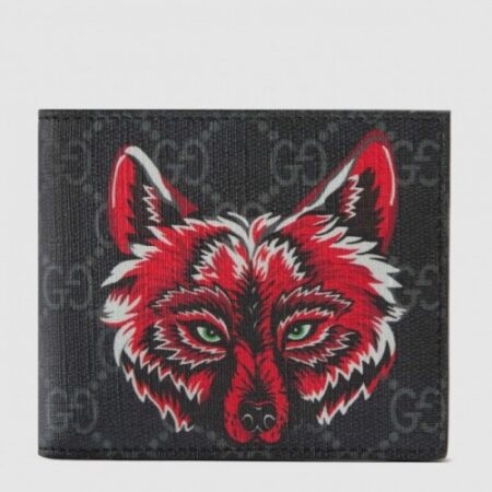Replica Gucci Black Wolf Print GG Supreme Bi-fold Wallet