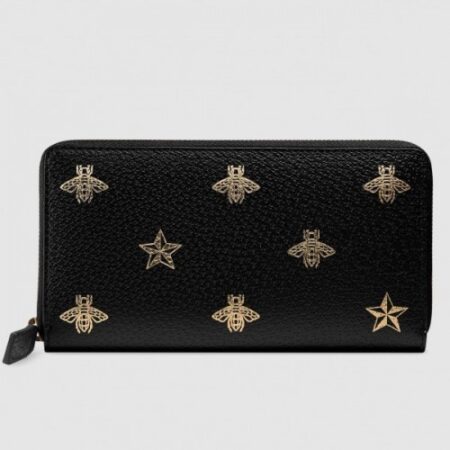 Replica Gucci Bee Star Zip Around Wallet In Black Leather