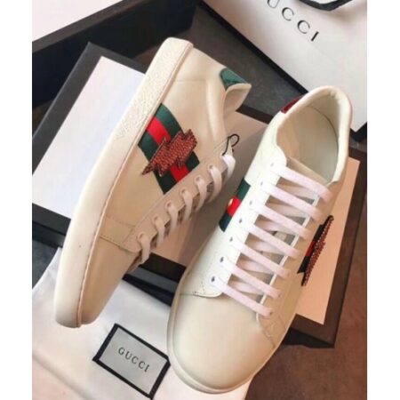 Replica Gucci Ace Leather Low-Top Lovers Sneakers ,Web Embroidered Crystal Lightning Bolt Creamy 2018