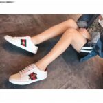 Replica Gucci Ace Leather Low-Top Lovers Sneakers ,Web Embroidered Crystal Lightning Bolt Creamy 2018 7
