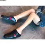 Replica Gucci Ace Leather Low-Top Lovers Sneakers Blue/Red Web Embroidered Bee Black 2018 3