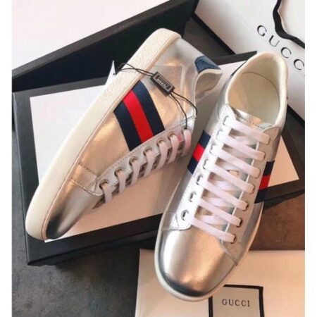 Replica Gucci Ace Leather Low-Top Lovers Sneakers Blue/Red Web Silver 2018