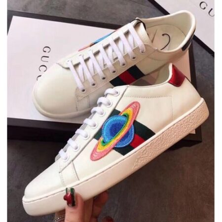 Replica Gucci Ace Leather Low-Top Lovers Sneakers Comet Embroidered Creamy 2018