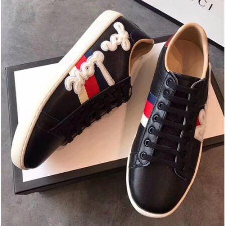 Replica Gucci Ace Leather Low-Top Lovers Sneakers For Love Embroidered Black 2018