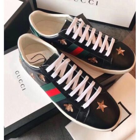 Replica Gucci Ace Leather Low-Top Lovers Sneakers Green/Red Web Embroidered Bee Black 2018