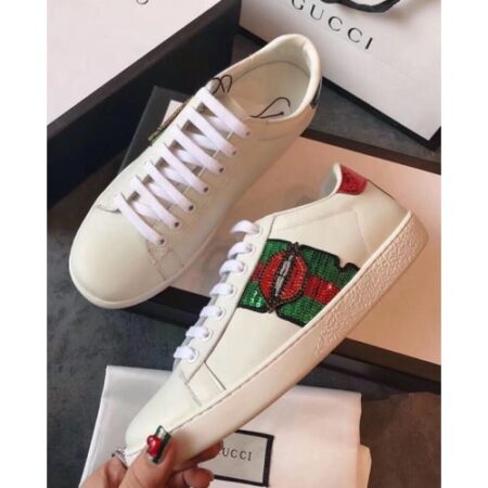 Replica Gucci Ace Leather Low-Top Lovers Sneakers Mouth Beading Creamy 2018