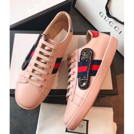 Replica Gucci Ace Leather Low-Top Lovers Sneakers Web Crystal Embroidered Safety Pin Pink 2018