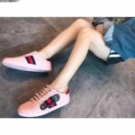 Replica Gucci Ace Leather Low-Top Lovers Sneakers Web Crystal Embroidered Safety Pin Pink 2018 3