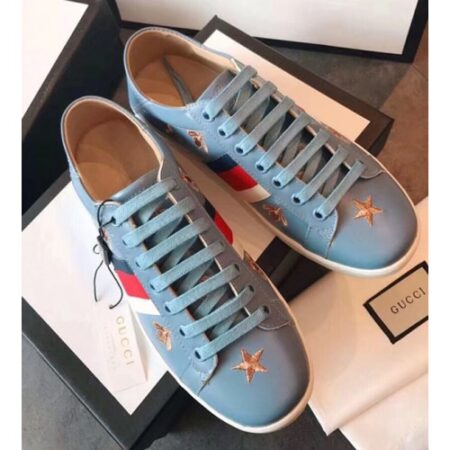 Replica Gucci Ace Leather Low-Top Lovers Sneakers Web Embroidered Bees and Stars Blue 2018