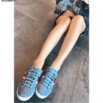 Replica Gucci Ace Leather Low-Top Lovers Sneakers Web Embroidered Bees and Stars Blue 2018 3
