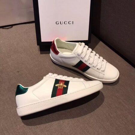 Replica Gucci Ace Leather Low-Top Lovers Sneakers Green/Red Web Embroidered Bee Creamy 2018